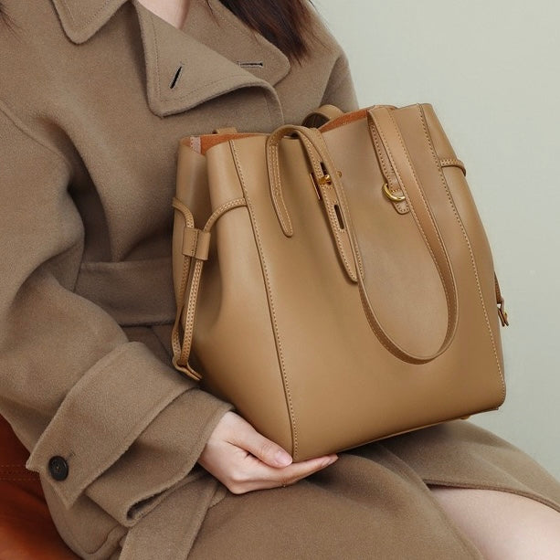 Womens Genuine Leather Vintage Lock Buckle Tote Bag
