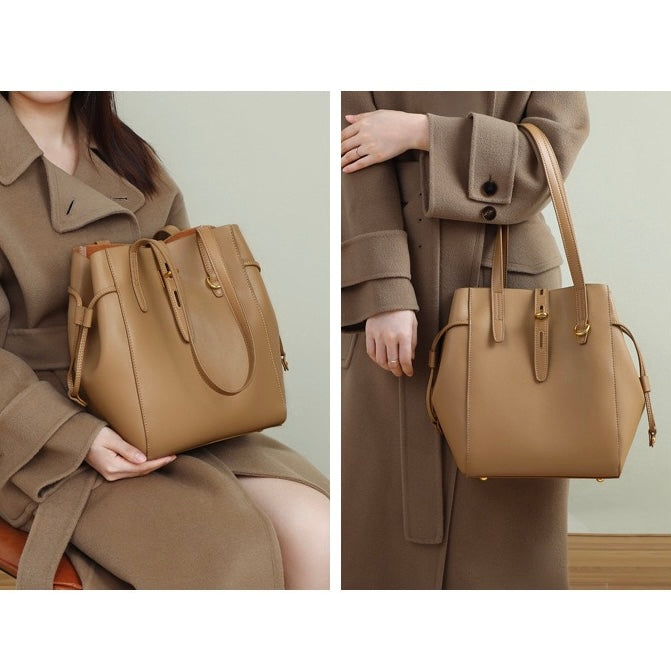 Womens Genuine Leather Vintage Lock Buckle Tote Bag