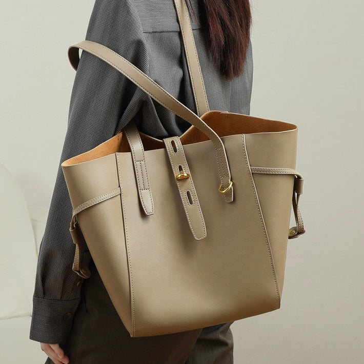 Womens Genuine Leather Vintage Lock Buckle Tote Bag