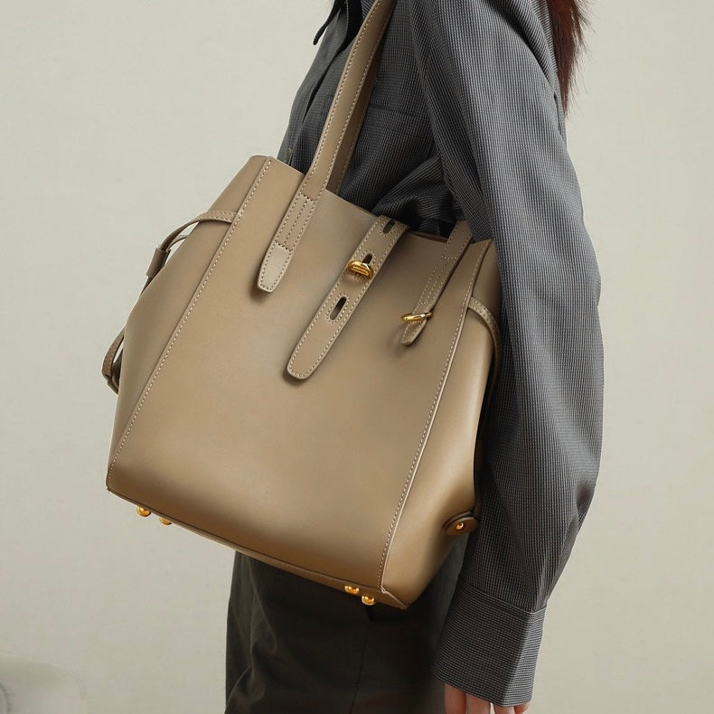 Womens Genuine Leather Vintage Lock Buckle Tote Bag