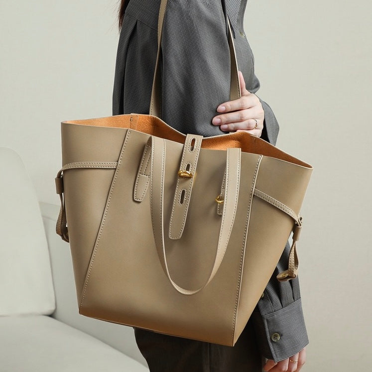 Womens Genuine Leather Vintage Lock Buckle Tote Bag