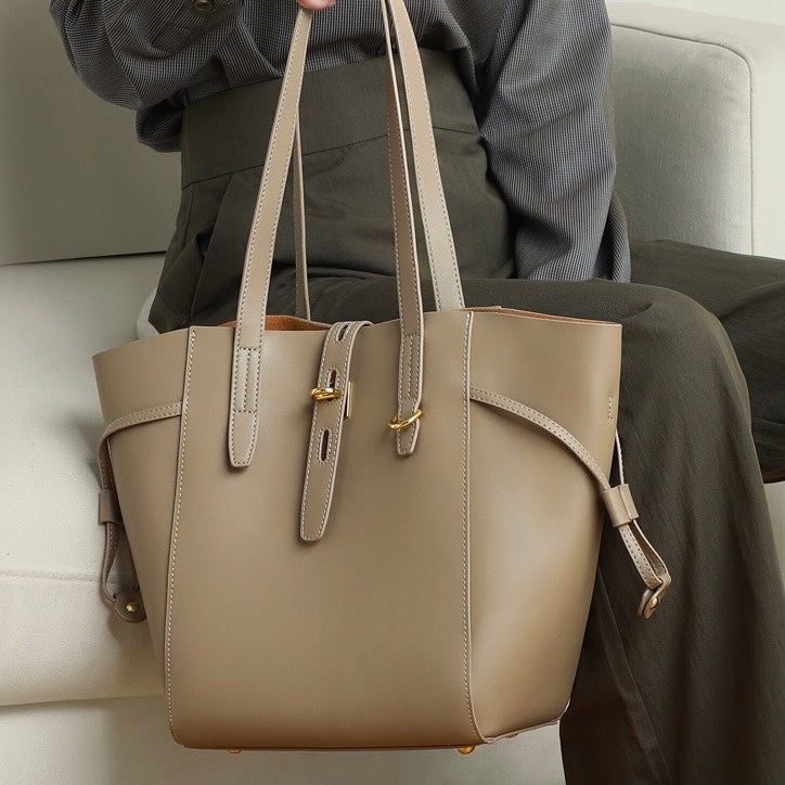Womens Genuine Leather Vintage Lock Buckle Tote Bag