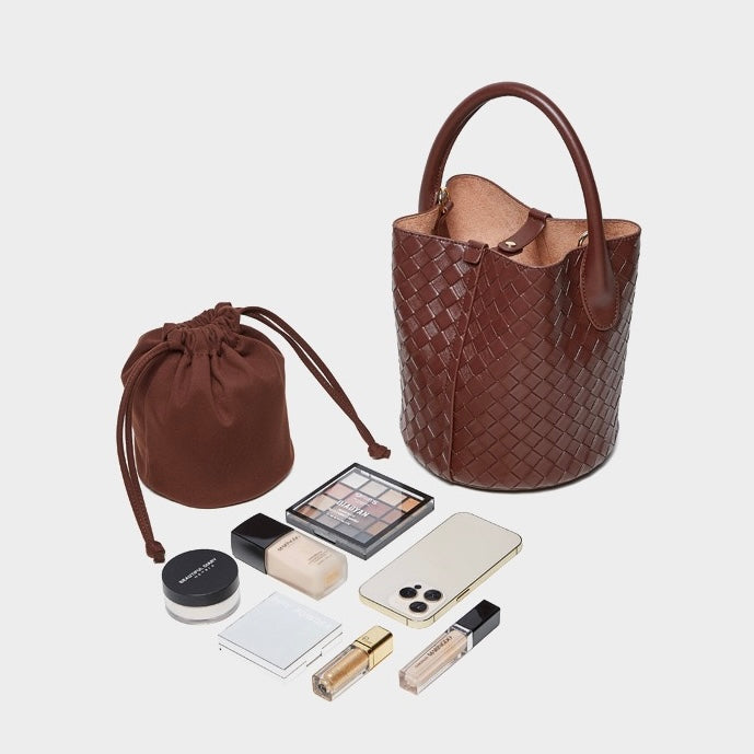 Womens Luxury Genuine Leather Woven Bucket Crossbody Handbag