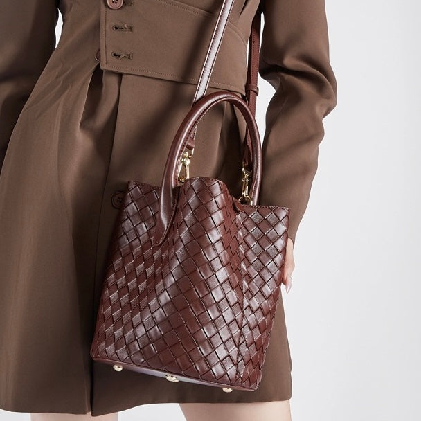 Womens Luxury Genuine Leather Woven Bucket Crossbody Handbag