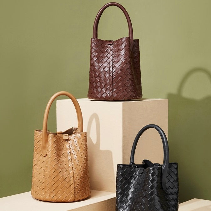 Womens Luxury Genuine Leather Woven Bucket Crossbody Handbag