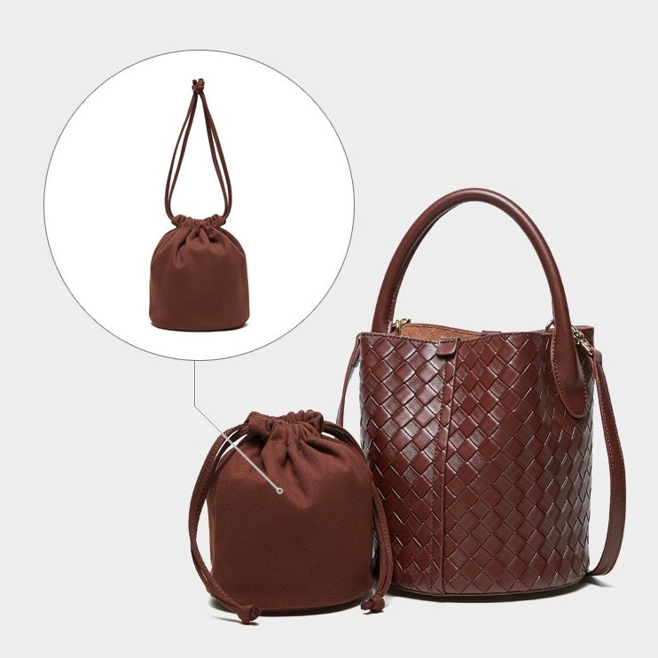 Womens Luxury Genuine Leather Woven Bucket Crossbody Handbag