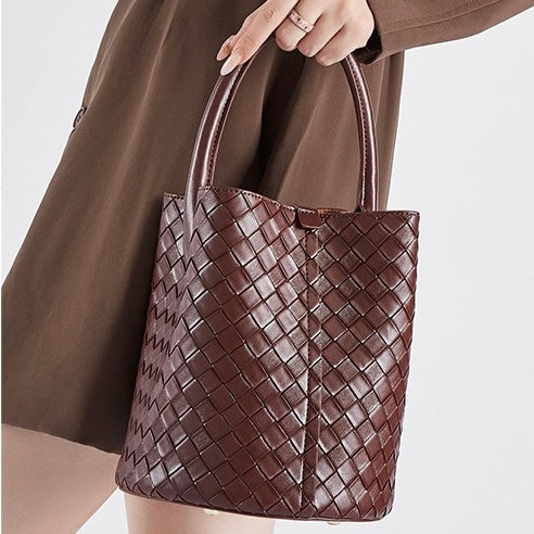 Womens Luxury Genuine Leather Woven Bucket Crossbody Handbag