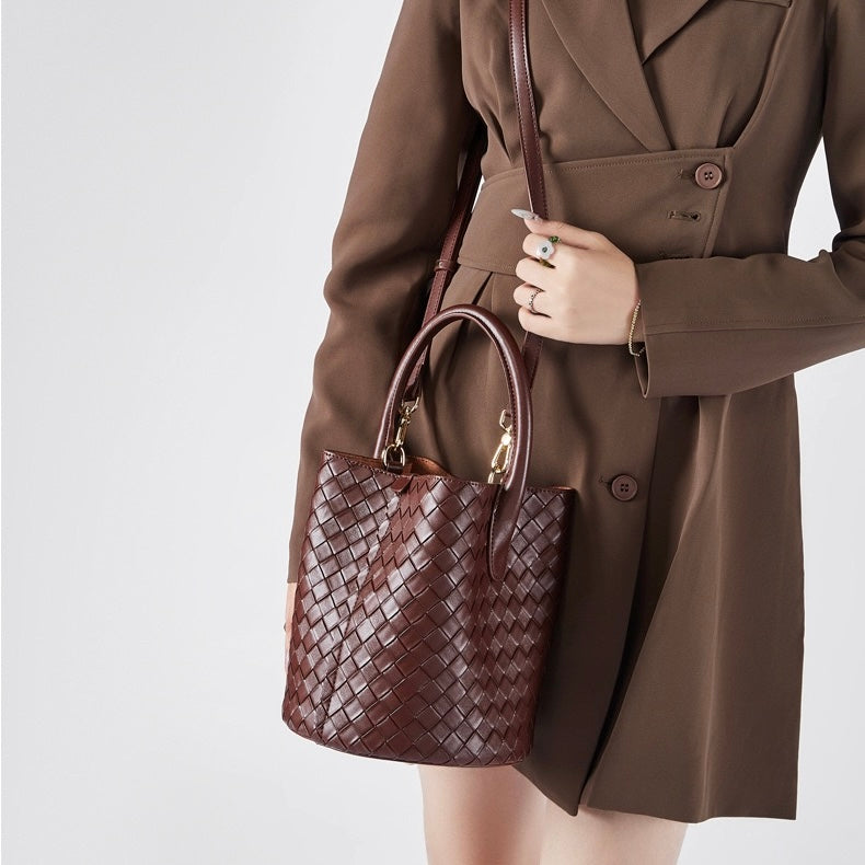 Womens Luxury Genuine Leather Woven Bucket Crossbody Handbag