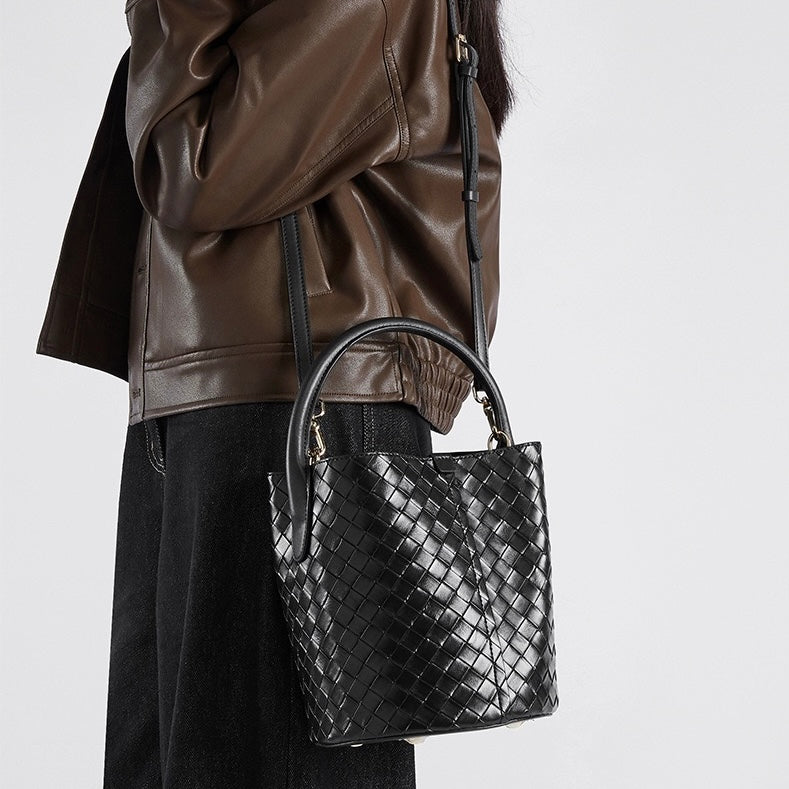 Womens Luxury Genuine Leather Woven Bucket Crossbody Handbag