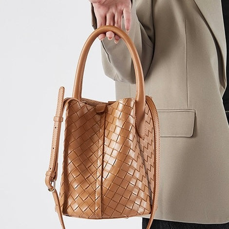 Womens Luxury Genuine Leather Woven Bucket Crossbody Handbag
