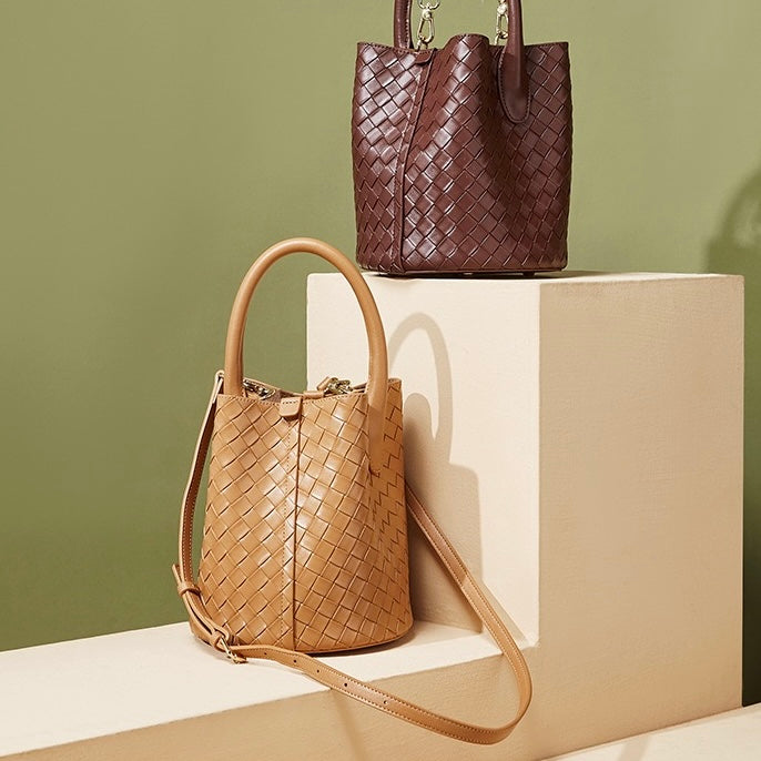 Womens Luxury Genuine Leather Woven Bucket Crossbody Handbag