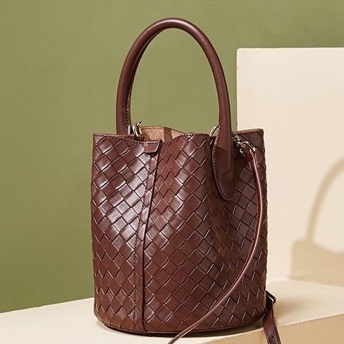 Womens Luxury Genuine Leather Woven Bucket Crossbody Handbag