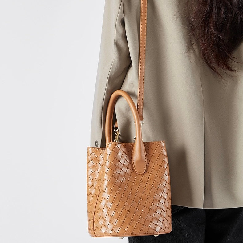 Womens Luxury Genuine Leather Woven Bucket Crossbody Handbag