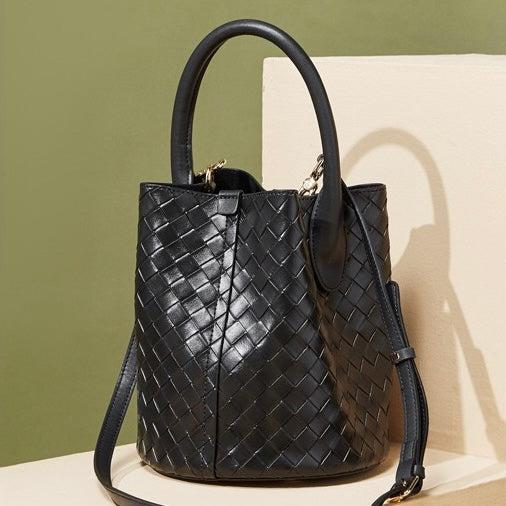 Womens Luxury Genuine Leather Woven Bucket Crossbody Handbag