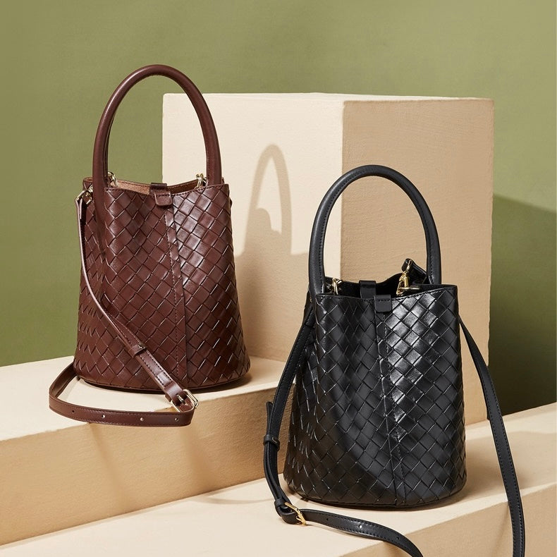 Womens Luxury Genuine Leather Woven Bucket Crossbody Handbag