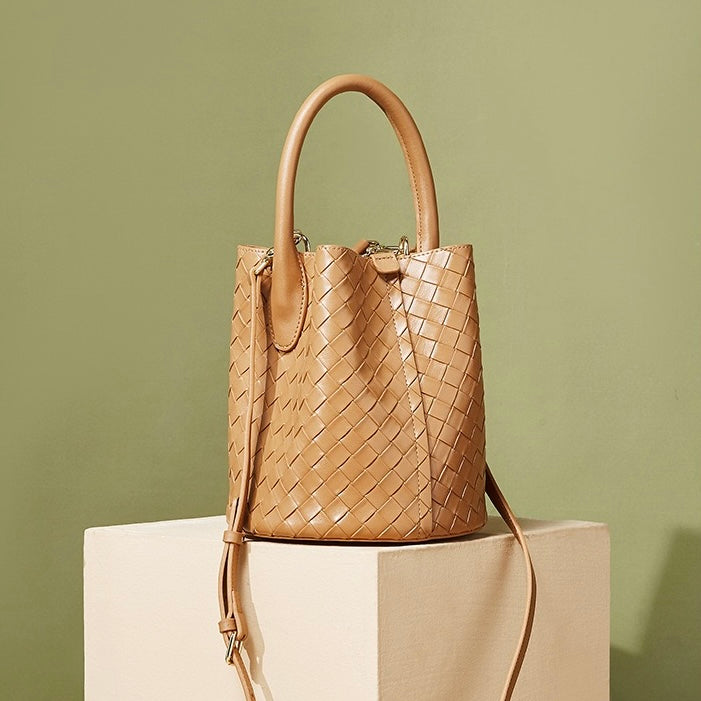 Womens Luxury Genuine Leather Woven Bucket Crossbody Handbag