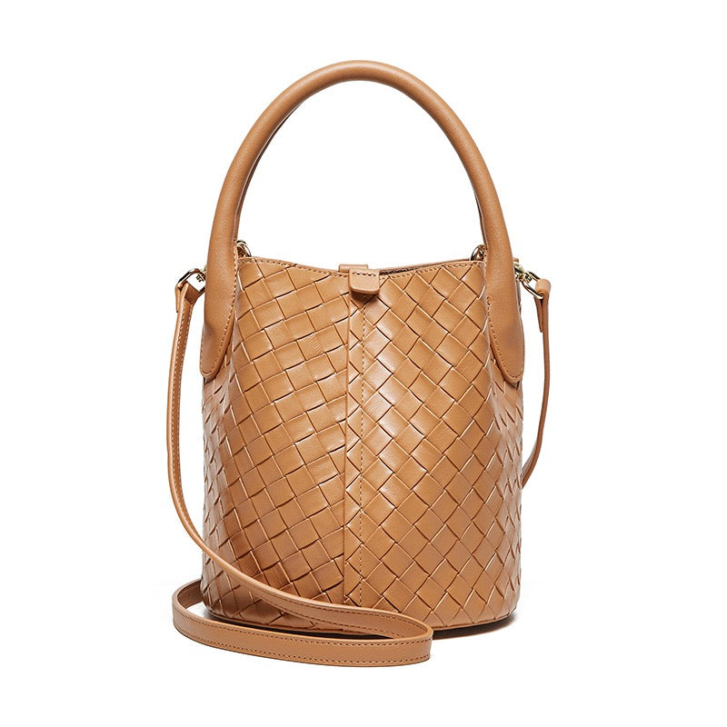 Womens Luxury Genuine Leather Woven Bucket Crossbody Handbag