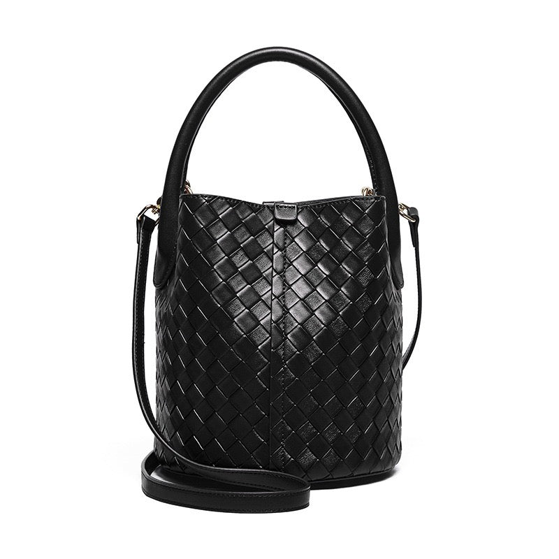 Womens Luxury Genuine Leather Woven Bucket Crossbody Handbag