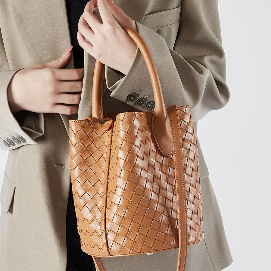 Womens Luxury Genuine Leather Woven Bucket Crossbody Handbag