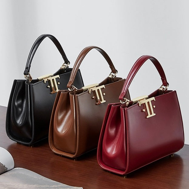 Womens Genuine Leather Mini Commuter Tote  Dual Clasp Edition