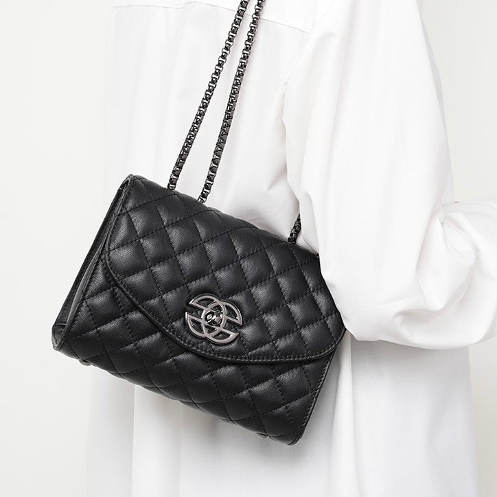 Womens Premium Top-Grain Leather Chain Shoulder Crossbody Bag in Chic Compact Style