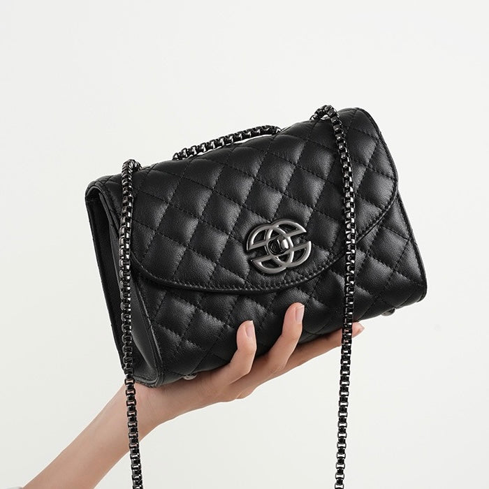 Womens Premium Top-Grain Leather Chain Shoulder Crossbody Bag in Chic Compact Style