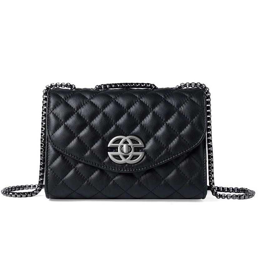 Womens Premium Top-Grain Leather Chain Shoulder Crossbody Bag in Chic Compact Style