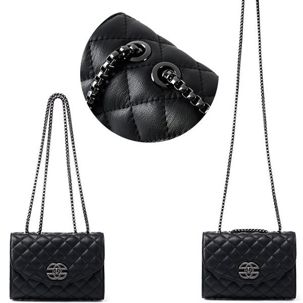 Womens Premium Top-Grain Leather Chain Shoulder Crossbody Bag in Chic Compact Style