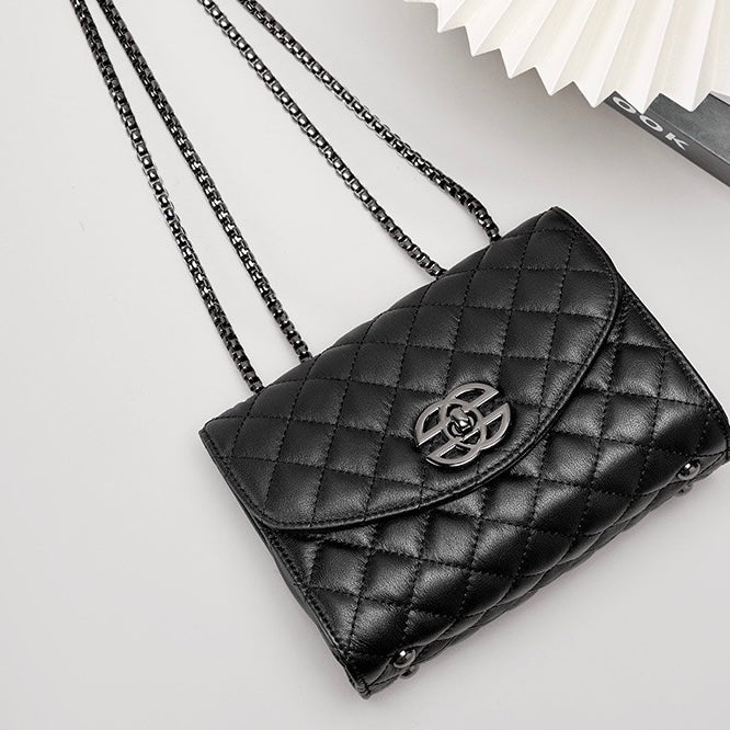 Womens Premium Top-Grain Leather Chain Shoulder Crossbody Bag in Chic Compact Style