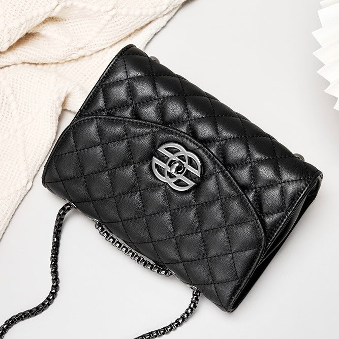 Womens Premium Top-Grain Leather Chain Shoulder Crossbody Bag in Chic Compact Style