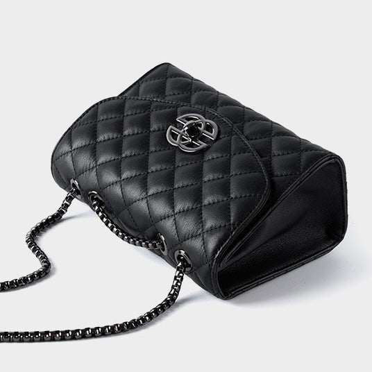 Womens Premium Top-Grain Leather Chain Shoulder Crossbody Bag in Chic Compact Style