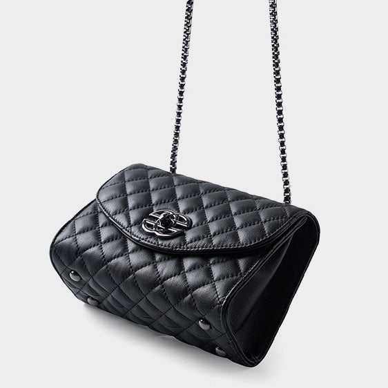 Womens Premium Top-Grain Leather Chain Shoulder Crossbody Bag in Chic Compact Style