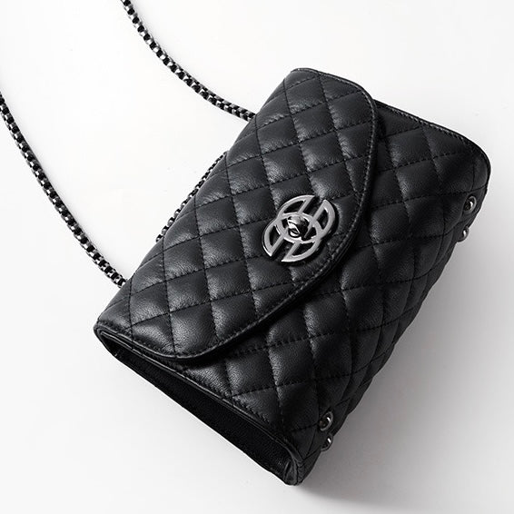 Womens Premium Top-Grain Leather Chain Shoulder Crossbody Bag in Chic Compact Style