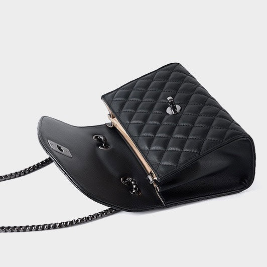 Womens Premium Top-Grain Leather Chain Shoulder Crossbody Bag in Chic Compact Style