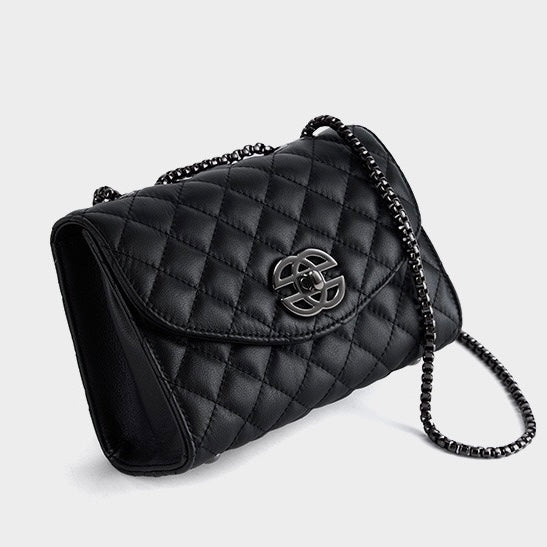 Womens Premium Top-Grain Leather Chain Shoulder Crossbody Bag in Chic Compact Style