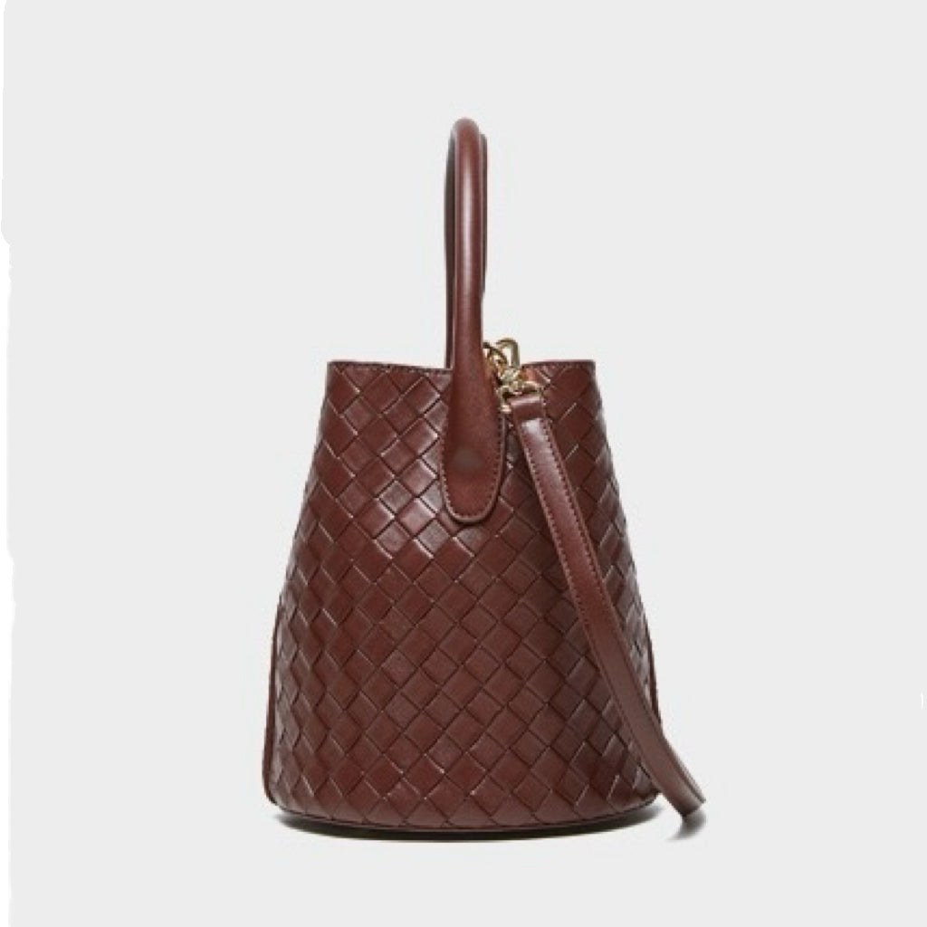 Womens Luxury Genuine Leather Woven Bucket Crossbody Handbag