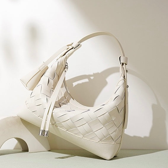 Womens Genuine Leather Woven Dumpling Shoulder & Crossbody Bag