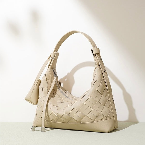 Womens Genuine Leather Woven Dumpling Shoulder & Crossbody Bag