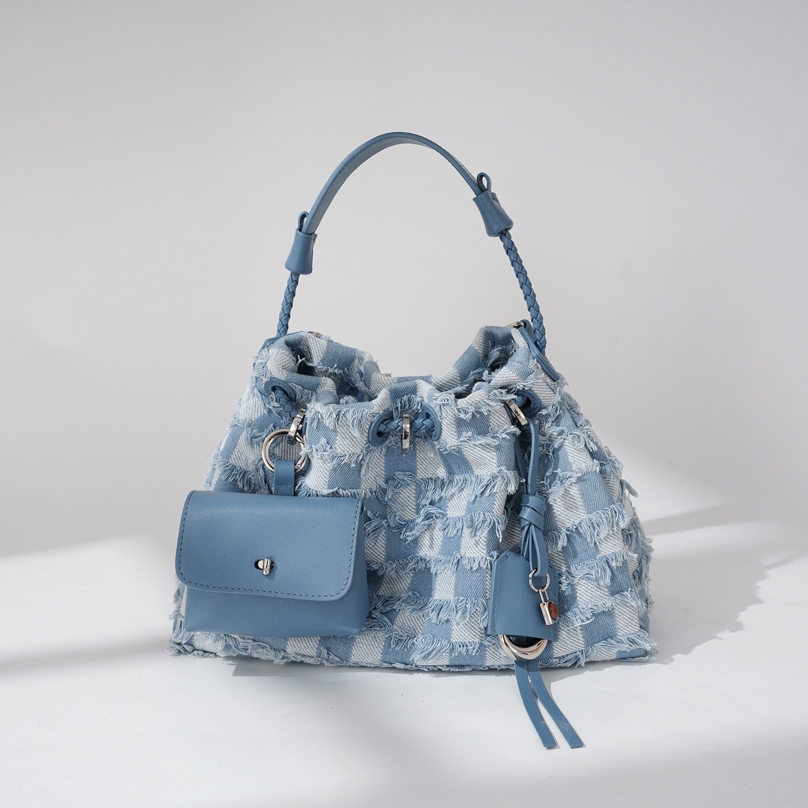 Womens Genuine Leather & Denim Colorblock Crossbody Shoulder Bag
