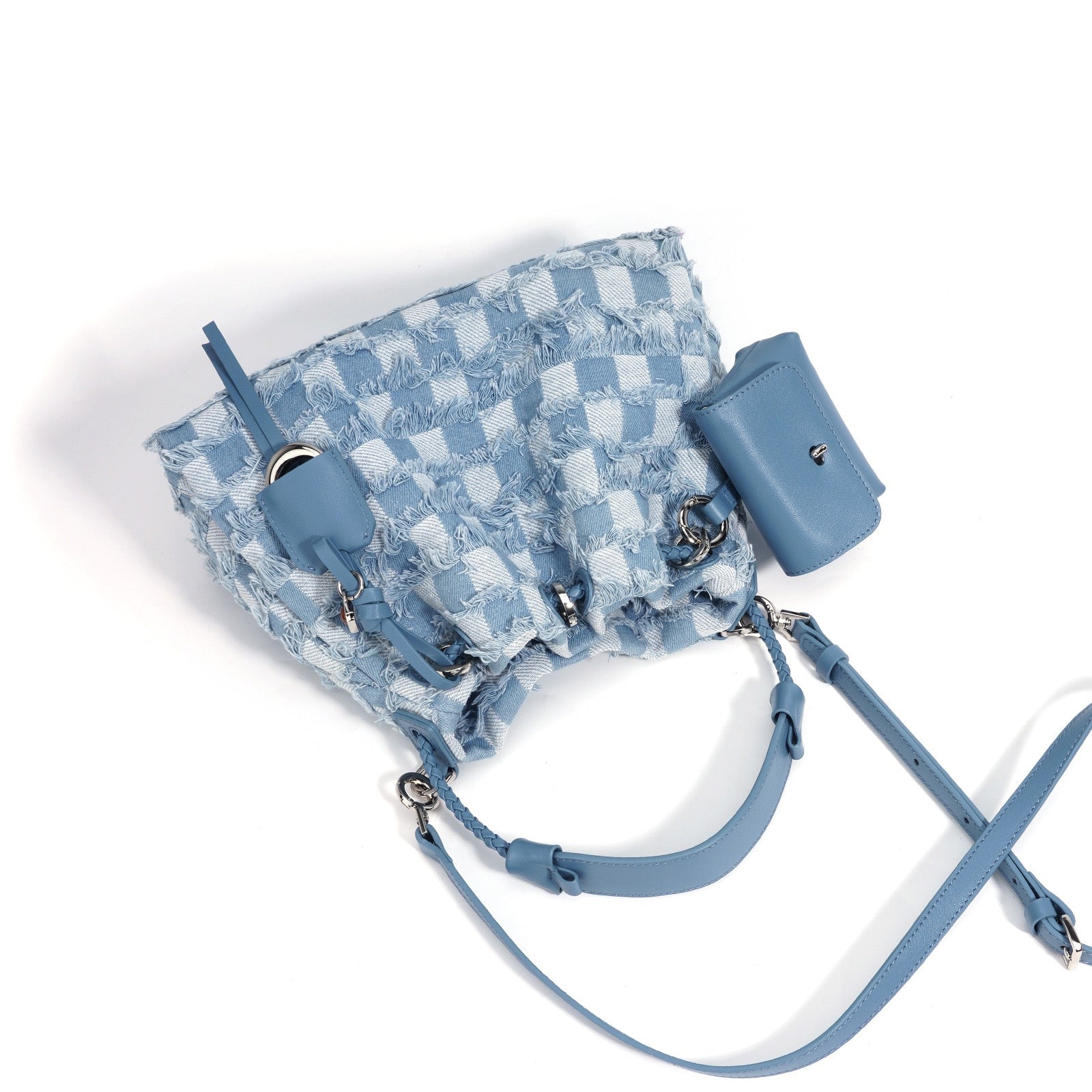 Womens Genuine Leather & Denim Colorblock Crossbody Shoulder Bag