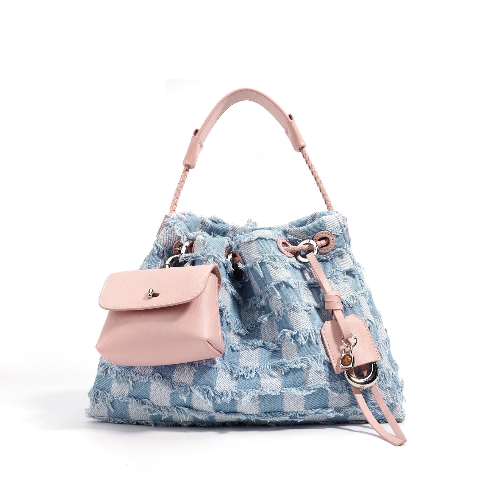 Womens Genuine Leather & Denim Colorblock Crossbody Shoulder Bag