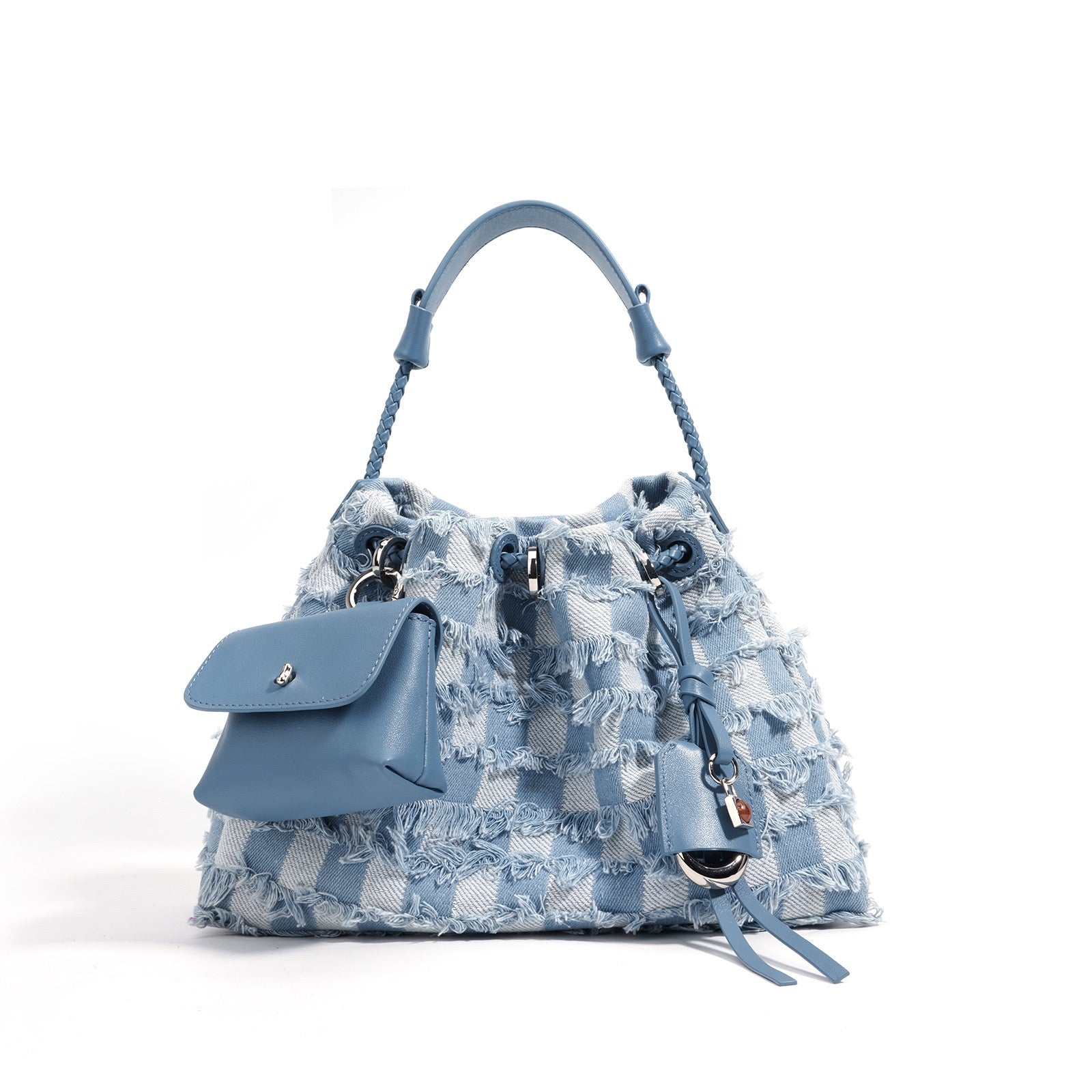 Womens Genuine Leather & Denim Colorblock Crossbody Shoulder Bag