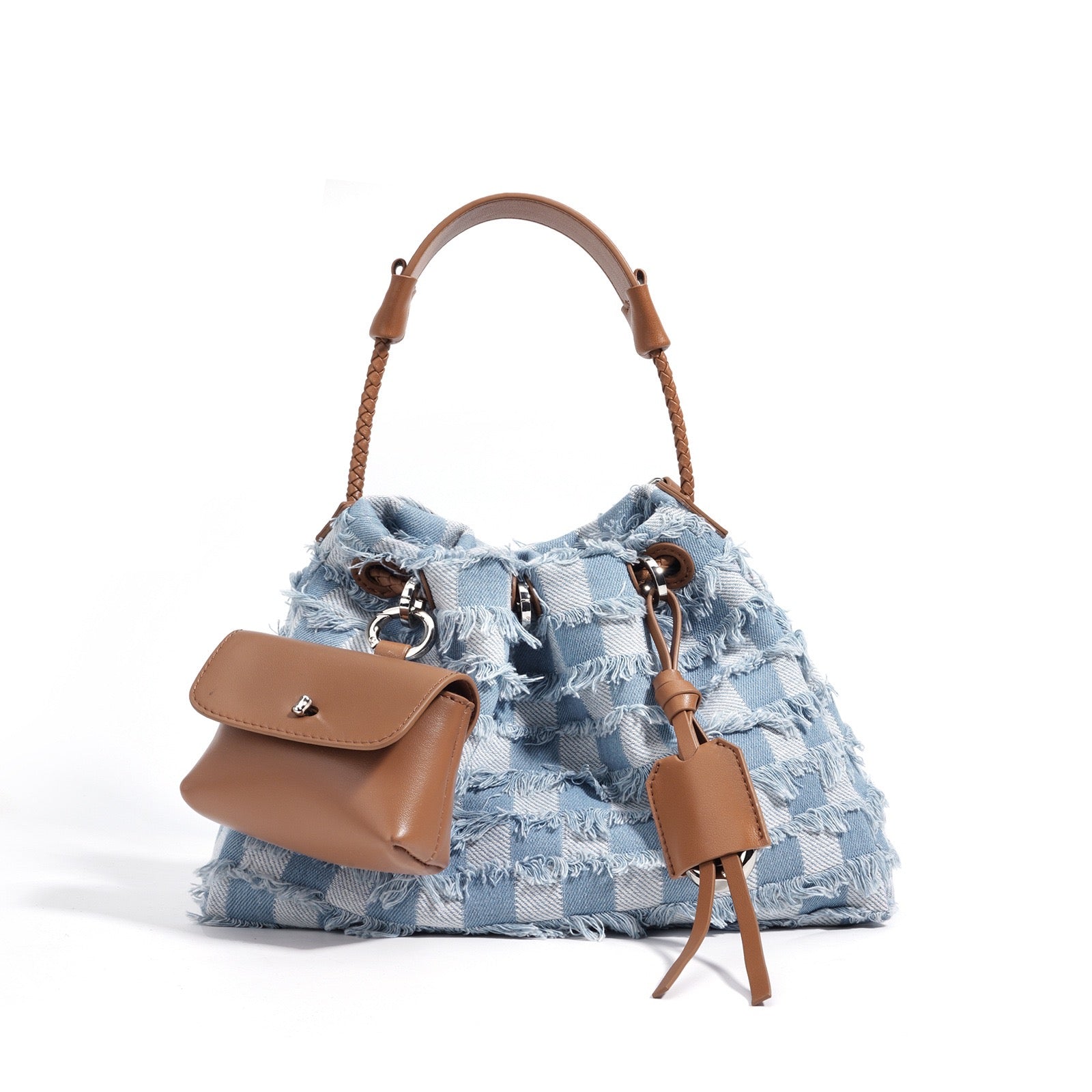 Womens Genuine Leather & Denim Colorblock Crossbody Shoulder Bag
