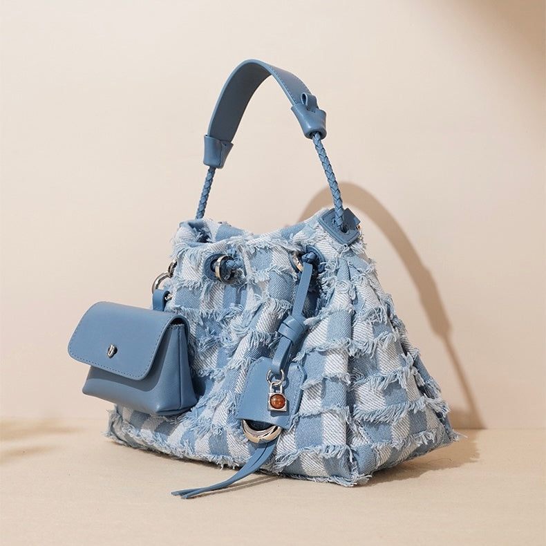 Womens Genuine Leather & Denim Colorblock Crossbody Shoulder Bag