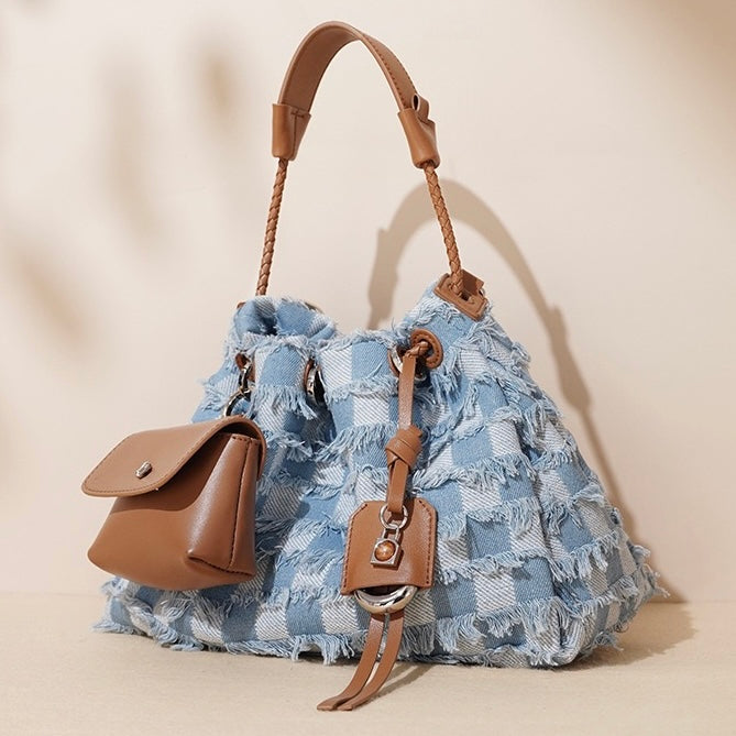 Womens Genuine Leather & Denim Colorblock Crossbody Shoulder Bag