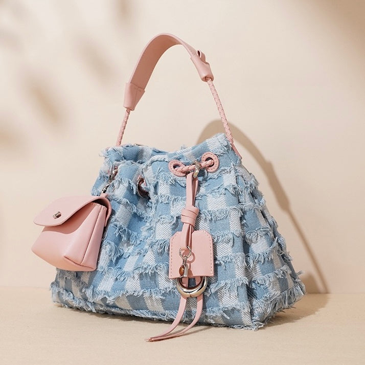 Womens Genuine Leather & Denim Colorblock Crossbody Shoulder Bag