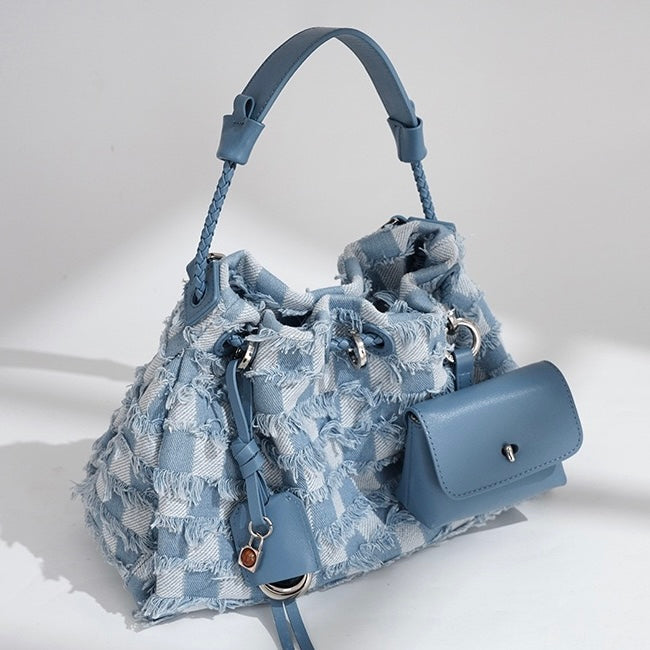 Womens Genuine Leather & Denim Colorblock Crossbody Shoulder Bag