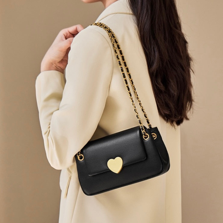 Women's Genuine Leather Chain Shoulder Crossbody Bag with Heart - Shaped Buckle