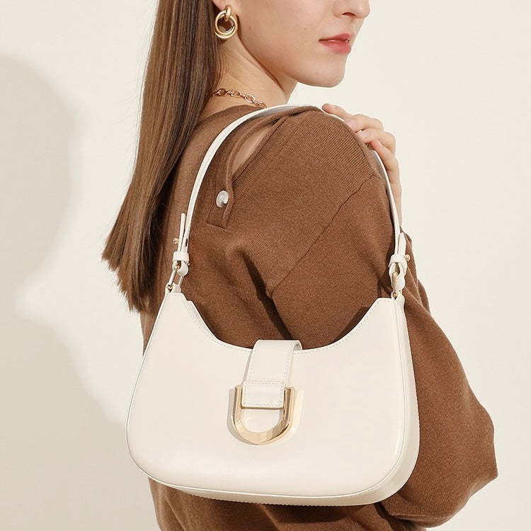 Womens Soft Top-Grain Leather Baguette Shoulder Bag in Minimalist Commuter Style