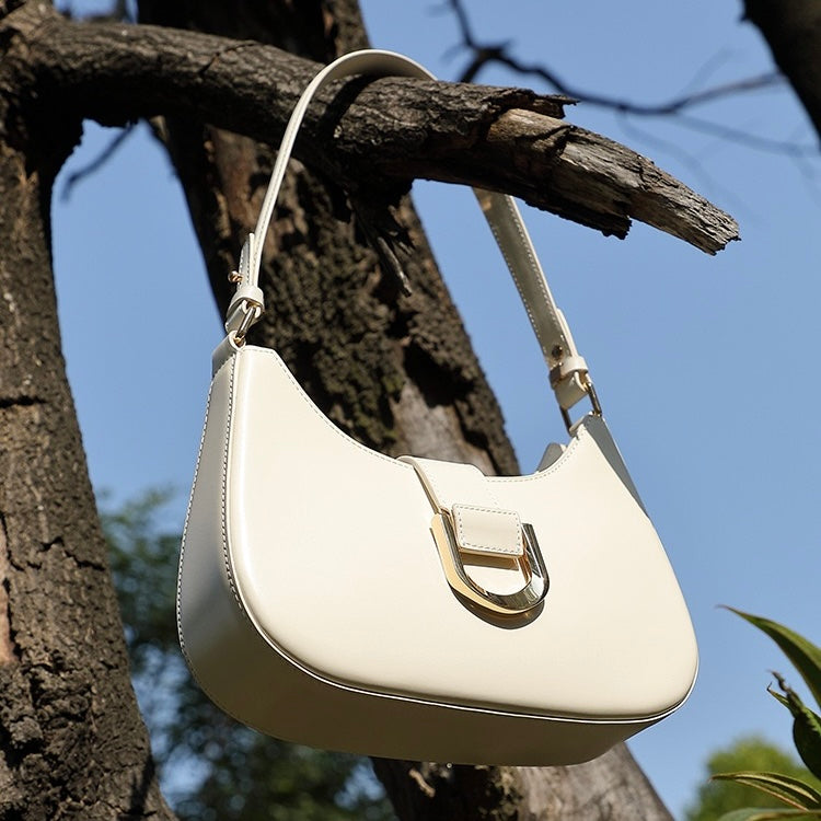 Womens Soft Top-Grain Leather Baguette Shoulder Bag in Minimalist Commuter Style